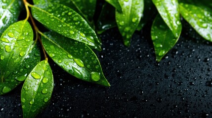 A close-up of fresh green leaves adorned with tiny dew drops set against a dark surface. The vivid contrast highlights nature's beauty and freshness in a minimalist style.
