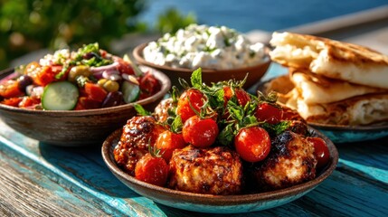 A vibrant assortment of fresh Mediterranean dishes, featuring grilled vegetables, sauces, and bread. This image captures the essence of culinary delight and social dining experiences.