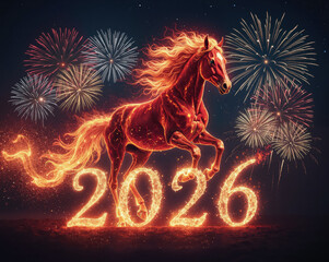 Fiery running horse illuminating the number 2026, set against a dark starry sky with bright celebratory fireworks. Symbol for Chinese New Year, Year of the Horse.