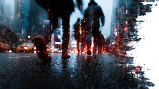 A group of people walks in a vibrant, rainy urban setting. The reflective wet ground and city lights create an atmospheric scene that captures urban life and movement.