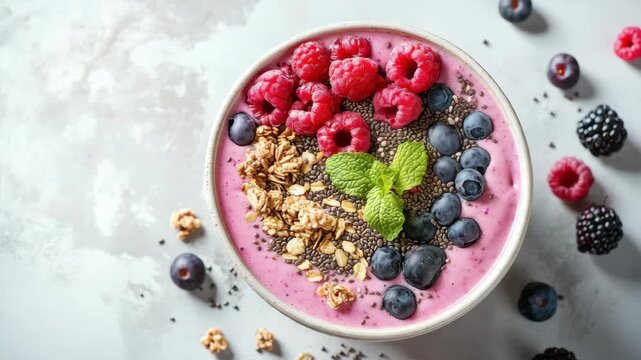 Top view of a vibrant pink smoothie bowl topped with fresh raspberries, blueberries, granola, chia seeds, and mint leaves. Placed on a light background. Healthy and refreshing.