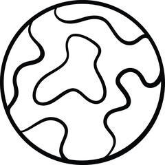 Black and white outline drawing of a stylized planet with abstract landmasses.
