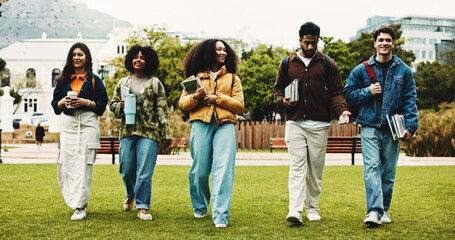 University, education and happy people with walking for friends, learning and knowledge. College, academy and youth development with gen z students on campus for scholarship, break and bonding