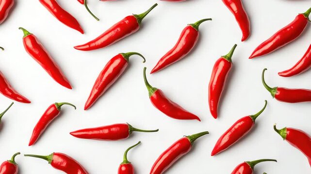 Multiple fresh red chili peppers with green stems scattered across a white background. Spicy vegetable used in cooking. Isolated composition, top view.