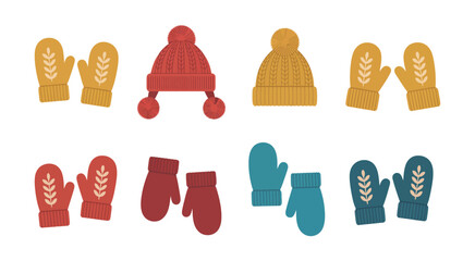 Colorful winter accessories collection featuring cozy hats and mittens in flat style, warm seasonal apparel illustration perfect for fashion