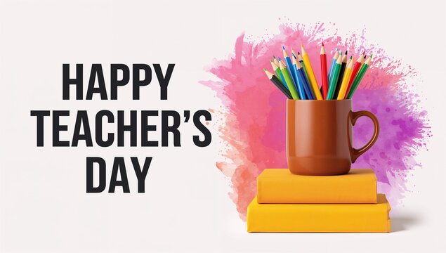 Happy teacher's day text with pencils, books, and colorful splash