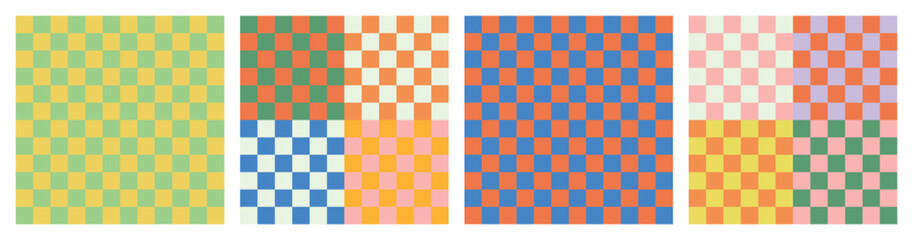 Cool simple geometric Y2K backgrounds. Colorful trendy checker board square seamless pattern collection. Set of geometric pastel square background in vintage 90s style, groovy multicoloured retro