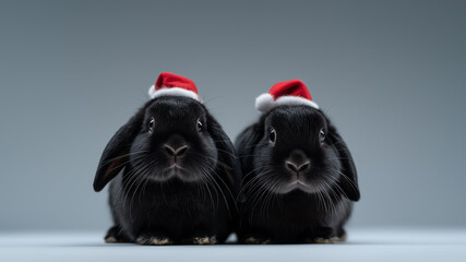 Two black lop rabbits wearing Santa hats facing camera on light grey background with copy space above. Christmas holiday greeting