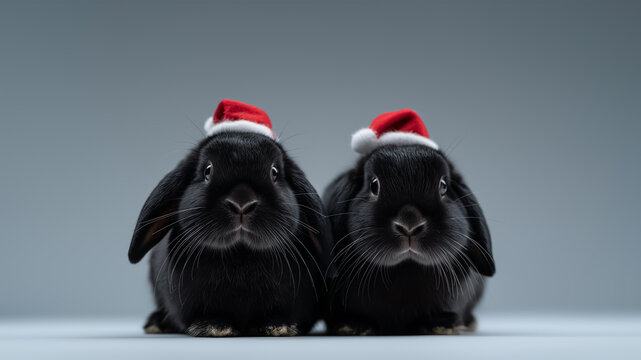 Two black lop rabbits wearing Santa hats facing camera on light grey background with copy space above. Christmas holiday greeting