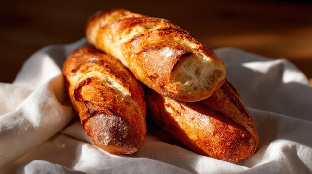 A collection of freshly baked artisanal baguettes beautifully arranged on a soft linen cloth, showcasing golden crusts and inviting aromas, ideal for culinary enthusiasts.