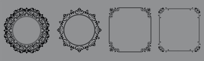 Set of decorative frames Elegant vector element for design in Eastern style, place for text. Floral black and gray borders. Lace illustration for invitations and greeting cards