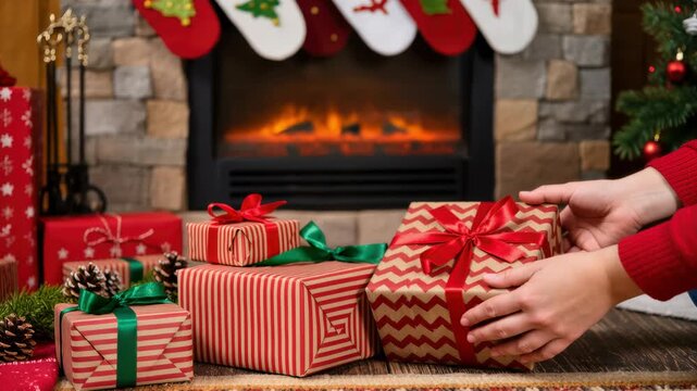 A cozy Christmas scene with colorful wrapped gifts and a fireplace in the background. A person in a red sweater is holding a present. Holiday mood and warmth.