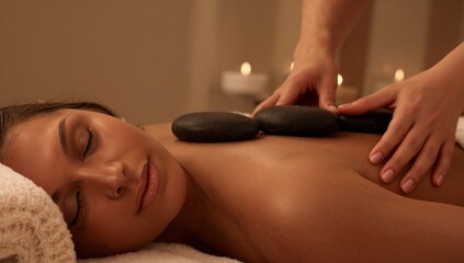 Woman receiving hot stone massage in spa setting with candles  
