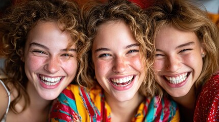 A joyful trio of young women hug and laugh together, radiating positivity and happiness with vibrant clothing and curly hair, capturing the essence of friendship and joy.