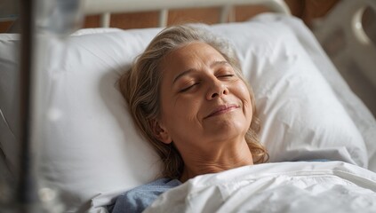 Elderly woman resting peacefully in hospital bed with serene expression  