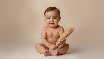 Baby sitting and smiling while holding a feather duster on beige background  
