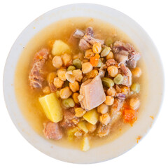 Popular dish of Spanish cuisine is Cocido de garbanzos, made from meat, vegetables and chickpeas. Isolated over white background