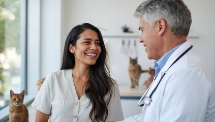 Female pet owner smiling while talking to veterinarian in clinic  