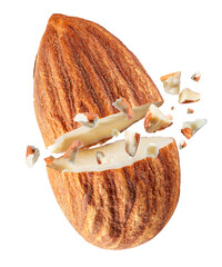 Cracked almond nut and small pieces of almond levitating in air isolated on white background. File contains clipping path.