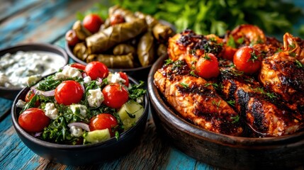 An appetizing array of gourmet dishes including grilled chicken, fresh salad and stuffed grape leaves, beautifully arranged on rustic wooden tableware.