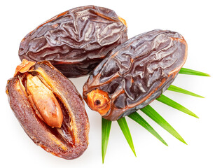 Ripe dry or soft dates palm fruit isolated on white background. File contains clipping path.