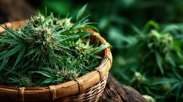 Freshly harvested cannabis buds in close-up view, placed in a basket with vivid green hues and visible trichomes, prepared for the natural drying stage after cultivation