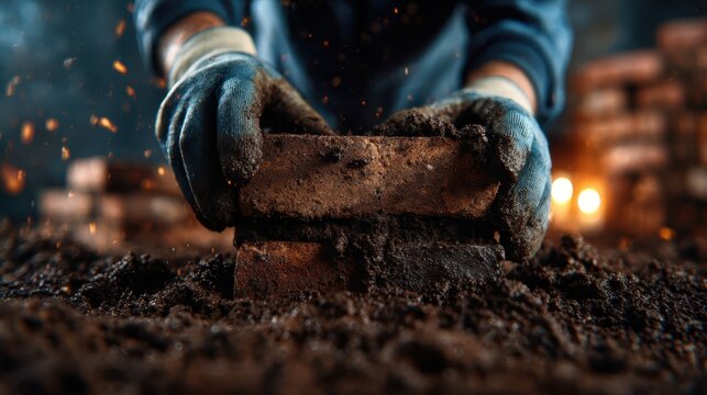 A close-up shot of a person's hands methodically stacking bricks onto a mound of dirt, showcasing the craftsmanship and dedication that goes into building projects.