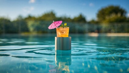 Tropical cocktail with umbrella floating in swimming pool on summer day  