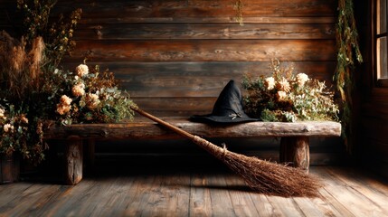 A rustic and charming witch-themed setting featuring a broom, hat, and floral accents, creating a whimsical atmosphere that celebrates magic and the beauty of nature in cozy decor.