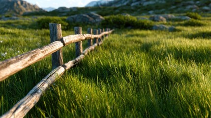 A serene wooden fence stretches across a vibrant green meadow, with soft grass swaying in the wind under a bright blue sky, evoking feelings of peace and tranquility.