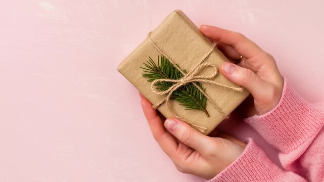 Small Christmas gift in craft paper with twine and pine twig, held by female hands in pink sweater. Pastel pink background. Eco-friendly holiday concept.