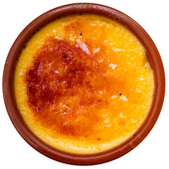 Catalan cream delicious dessert with sugar toast. Typical in Catalonia Spain. Isolated over white background