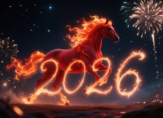 Vibrant red horse with a fiery mane and tail running over the glowing number 2026, set against a dark, starry sky with celebratory fireworks. Symbol for year of the Horse.