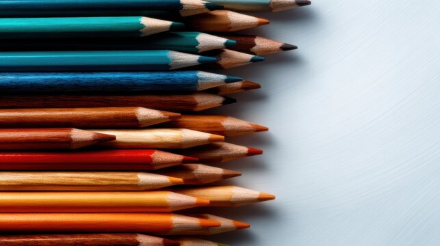 A vibrant arrangement of colored pencils on a smooth surface, ideal for artists and creatives looking to express their imagination through color.