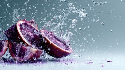 A vibrant composition of blood orange slices bursting with water droplets brings freshness and excitement to any viewer, highlighting the essence of summer.