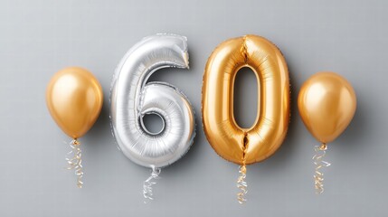 Balloons spelling out the number 60, celebrating a milestone birthday.