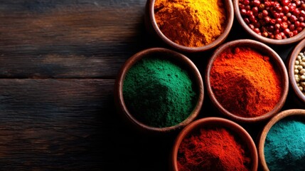 A vibrant collection of various spices displayed in bowls resting on a rustic wooden surface, showcasing a rich palette of colors and textures that evoke culinary creativity.