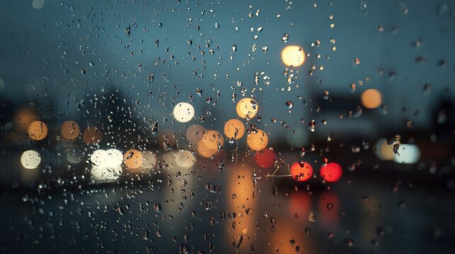 Clear glass with sharp water droplets, blurred city lights in background (bokeh)