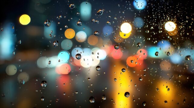 Clear glass with sharp water droplets, blurred city lights in background (bokeh)
- Powered by Adobe