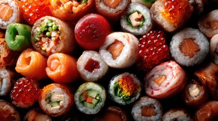 This vibrant image features an assortment of sushi rolls in various colors and ingredients, showcasing culinary creativity and the rich flavors of Japanese cuisine.