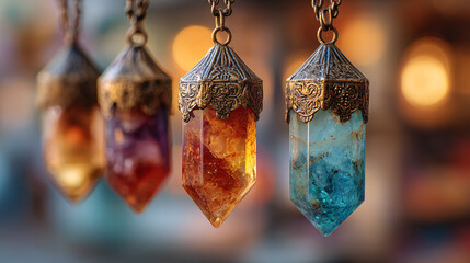 Holistic healing with balance crystals idea. Colorful crystal pendulum over a vibrant blurred mandala background