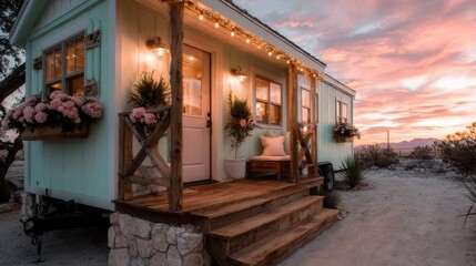 Obraz premium This tiny house is beautifully illuminated at sunset, showcasing charming decorations and a cozy porch surrounded by flowers, perfect for a serene getaway experience.