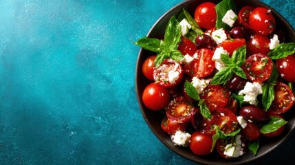 A vibrant salad bowl filled with juicy tomatoes, olives, and feta cheese, beautifully arranged and inviting, perfect for promoting healthy eating and delicious meals visually.