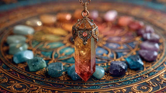 Holistic healing with balance crystals idea. Colorful crystal pendulum over a vibrant blurred mandala background