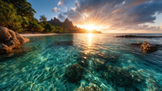 A breathtaking view of a sunset over a serene lagoon, with crystal clear waters reflecting vibrant colors, surrounded by lush greenery and rocky formations in the background.