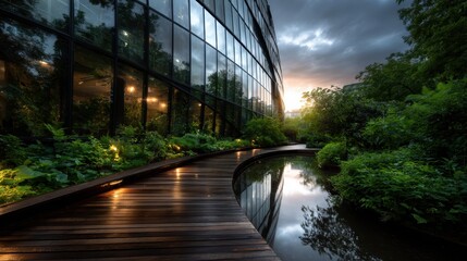 A beautiful winding wooden pathway surrounded by lush greenery and reflective water, capturing the tranquility of nature as day transitions into night, offering peace.