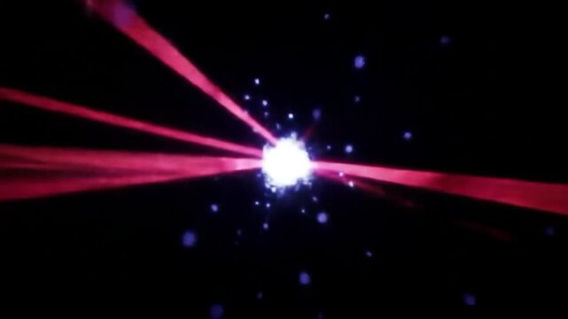 Abstract Light Tunnel with Red Rays and Blue Particles.