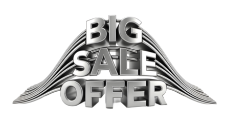 Big sale offer text in chrome metal with wave design on white background with transparent background