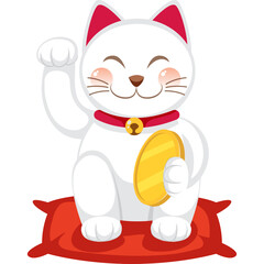 White Maneki Neko Lucky Cat With Gold Coin And Red Collar On A Red Cushion