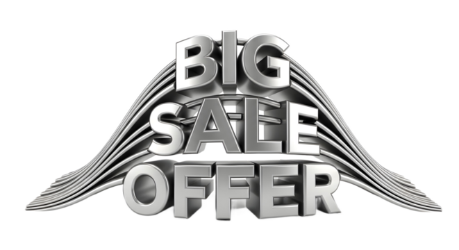 Big sale offer text in chrome metal with wave design on white background with transparent background